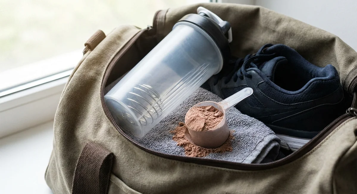 Protein shaker and scoop ready for a post-workout serving