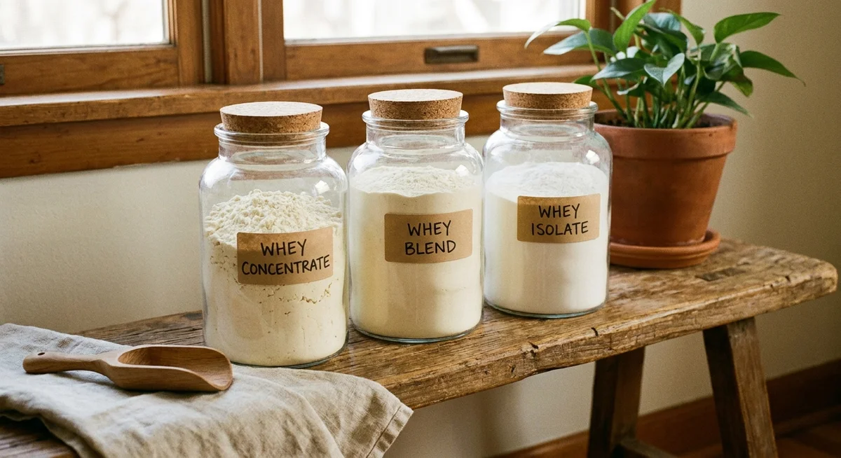 Three jars showing whey concentrate, isolate, and hydrolysate side by side for comparison