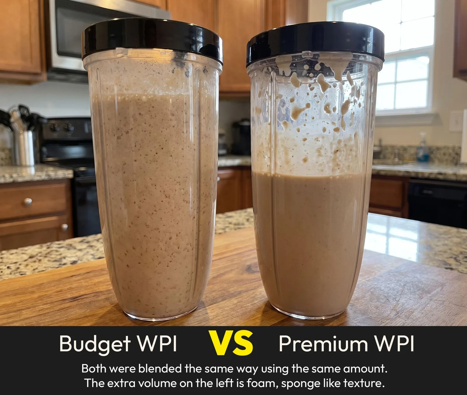 Brand-supplied photo of two blended shakes, with visibly more foam in the left container