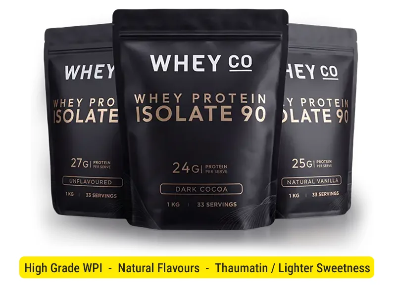 The Whey Co Unflavoured, Dark Cocoa and Natural Vanilla 1kg protein bags