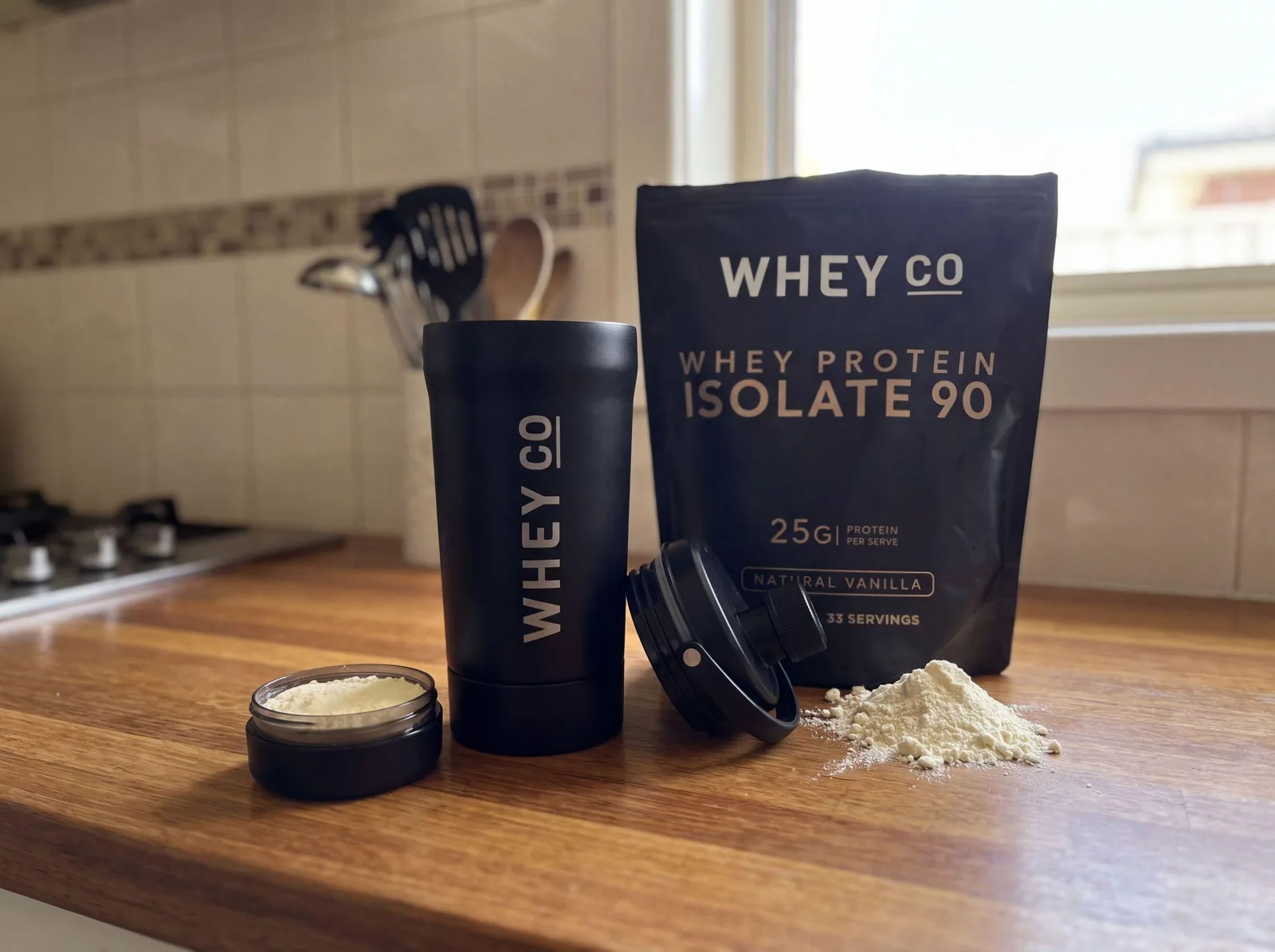 Natural Vanilla WPI and The Whey Co shaker, ready to use at home
