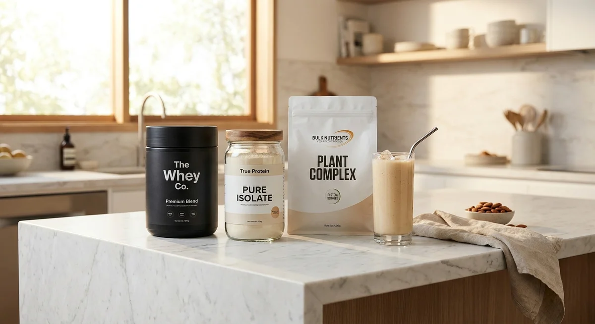 Three whey protein isolates compared side by side — The Whey Co, True Protein and Bulk Nutrients