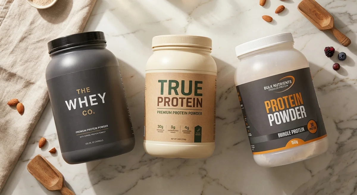 Three popular Australian whey protein isolate products arranged side by side for comparison