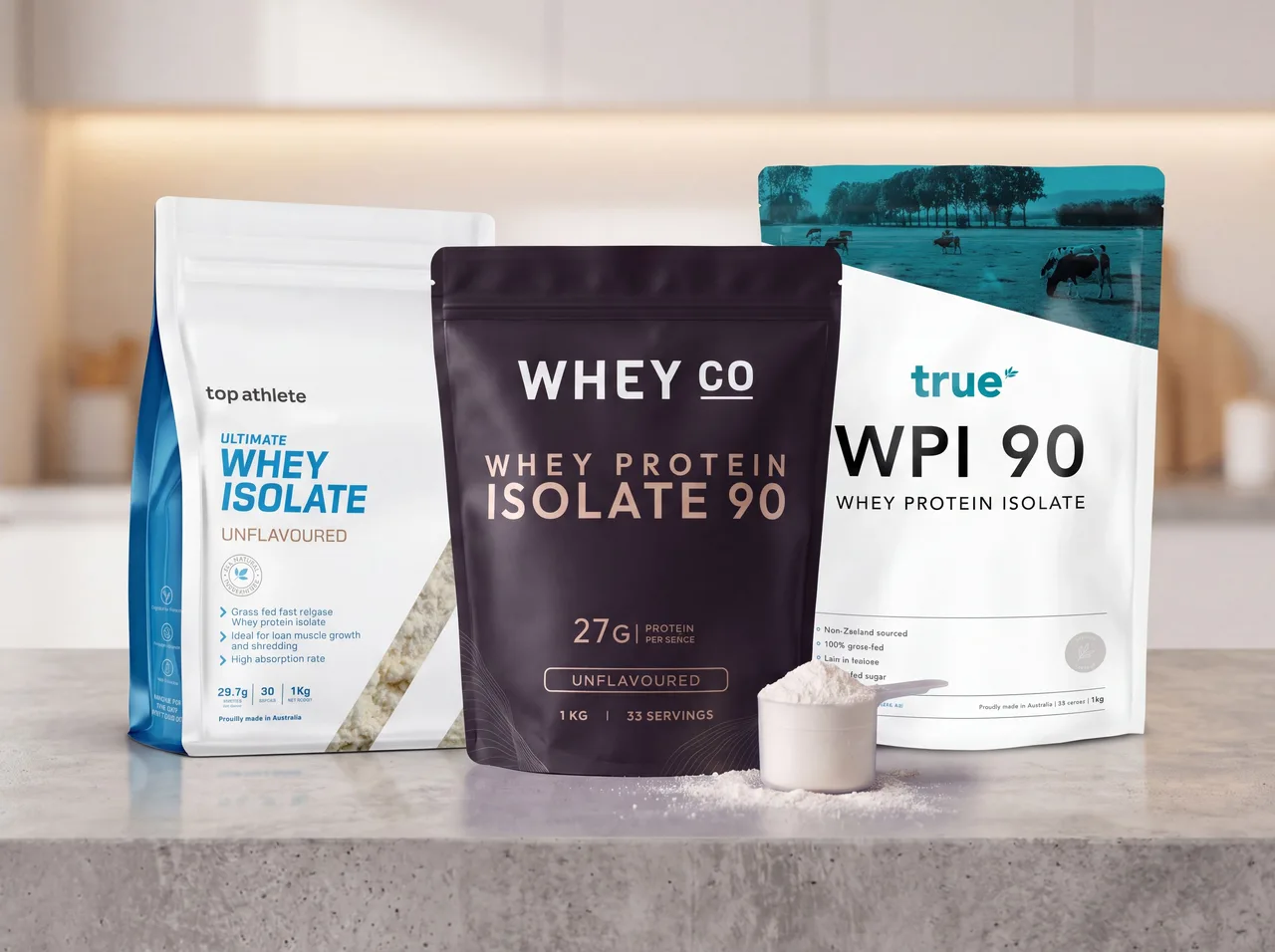 Three whey protein isolate products compared side by side on a marble surface