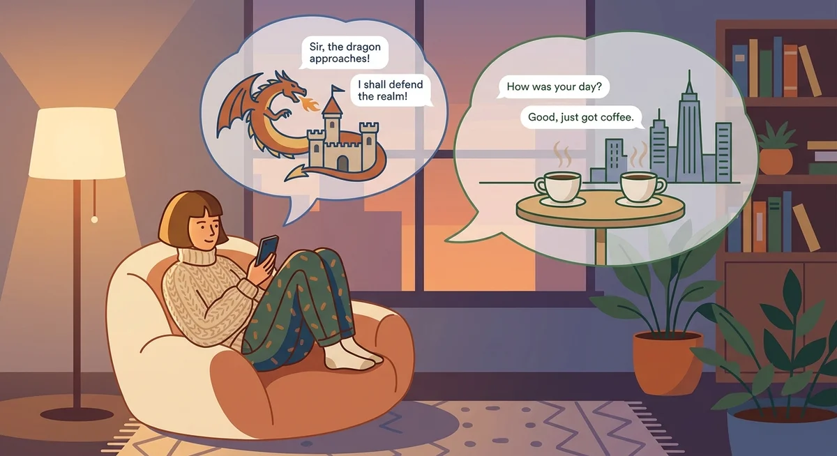 Illustration comparing fantasy character chat with everyday conversational chat