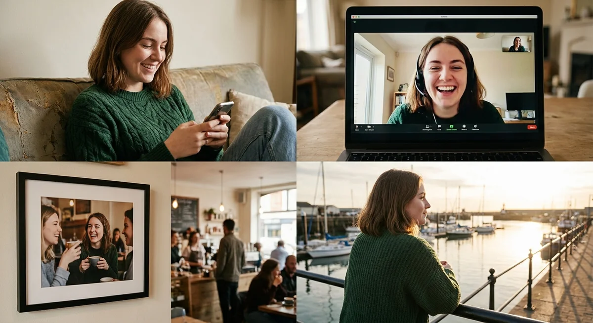 A grid showing the same AI character appearing consistently across text, video, photo, and voice contexts