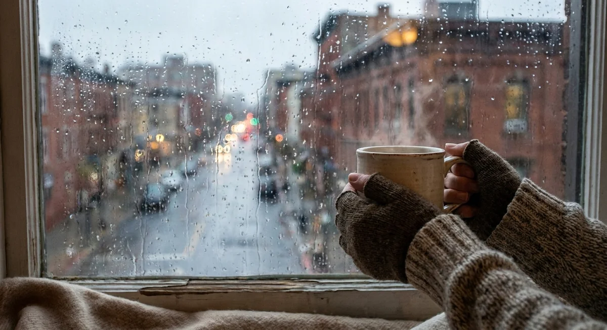 A casual photo of a warm mug held near a rainy window, the kind a friend might send