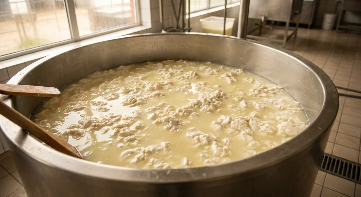 Fresh whey separating from cheese curds in a stainless steel vat