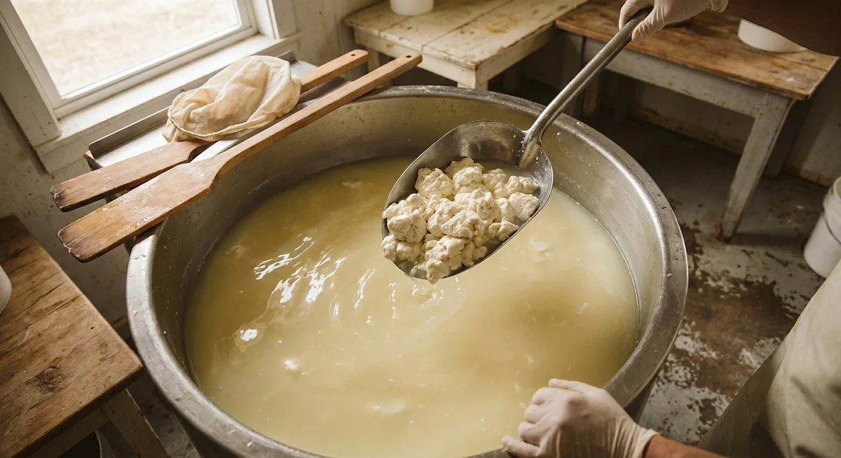 Cheese curds separating from liquid whey in a stainless steel vat