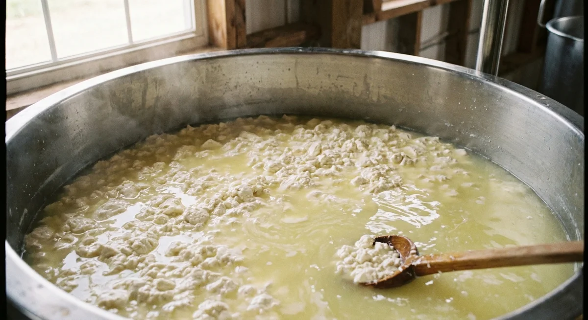 Fresh cheese curds separating from liquid whey in a stainless steel vat