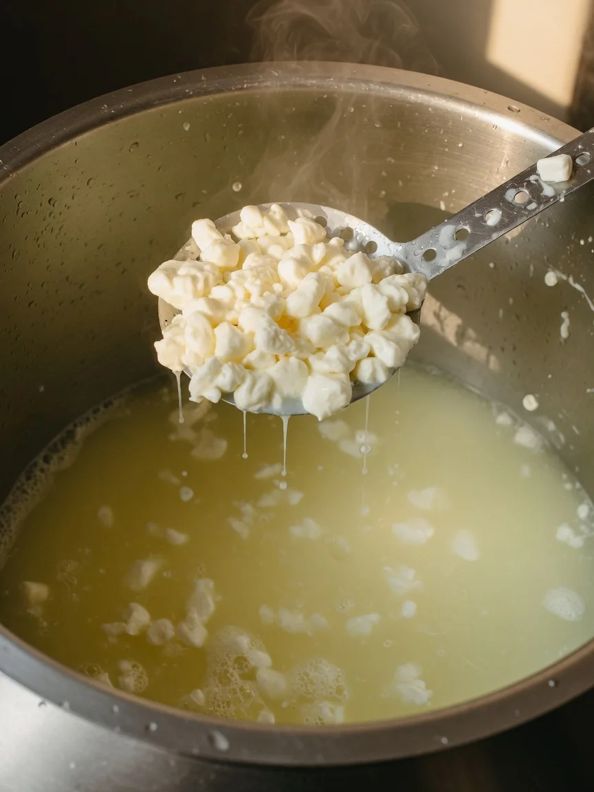 Cheese curds being separated from liquid whey in a stainless steel dairy vat