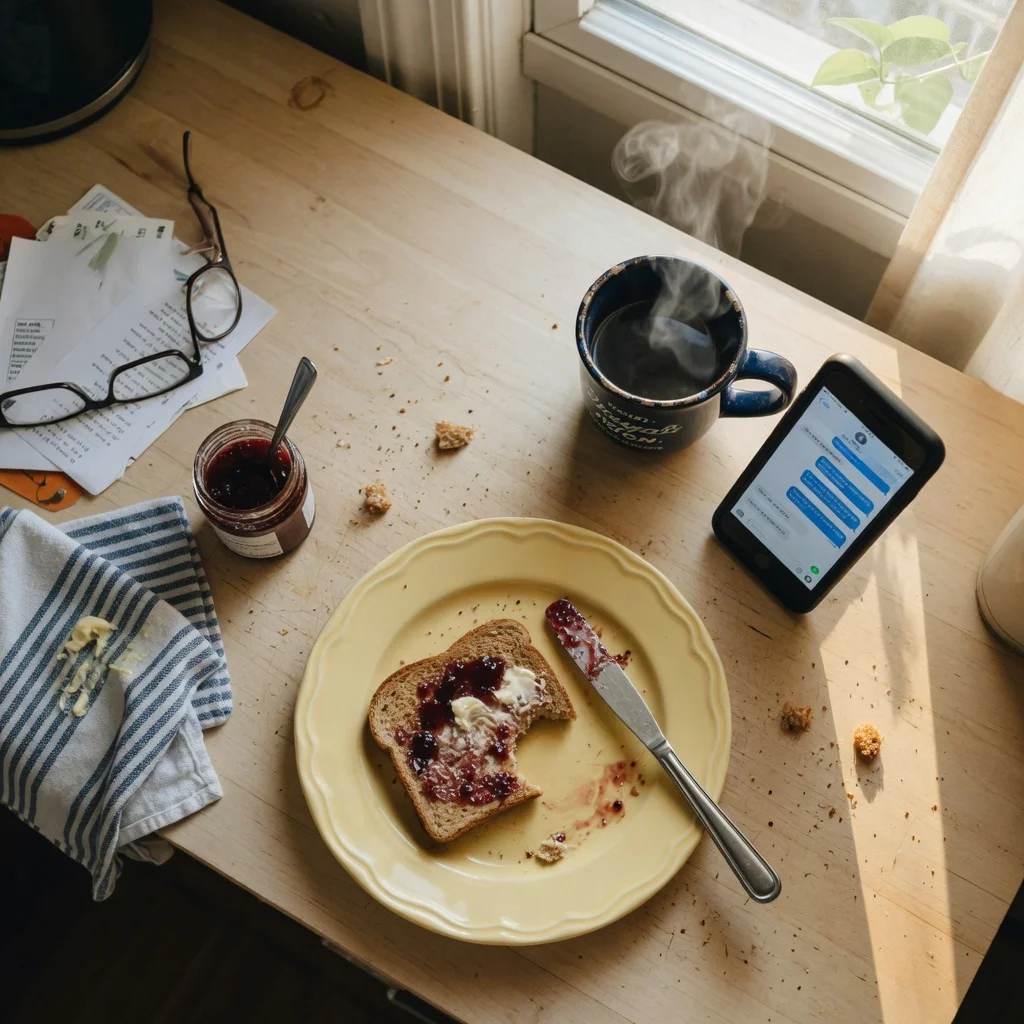 Phone on a kitchen counter during a morning coffee routine