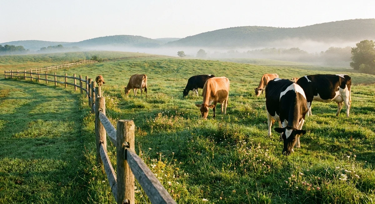 Dairy cows grazing in a green pasture at sunrise