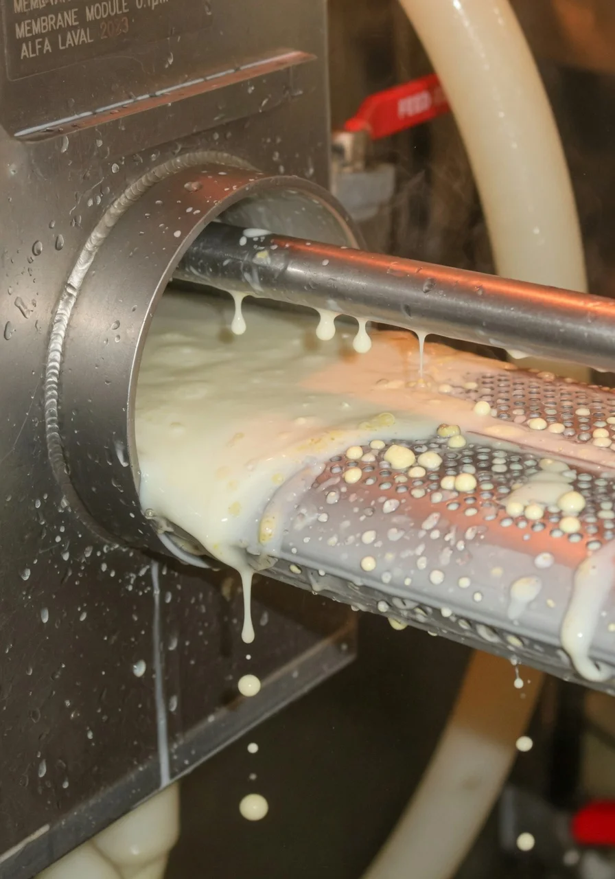 Milk being processed through stainless steel filtration equipment