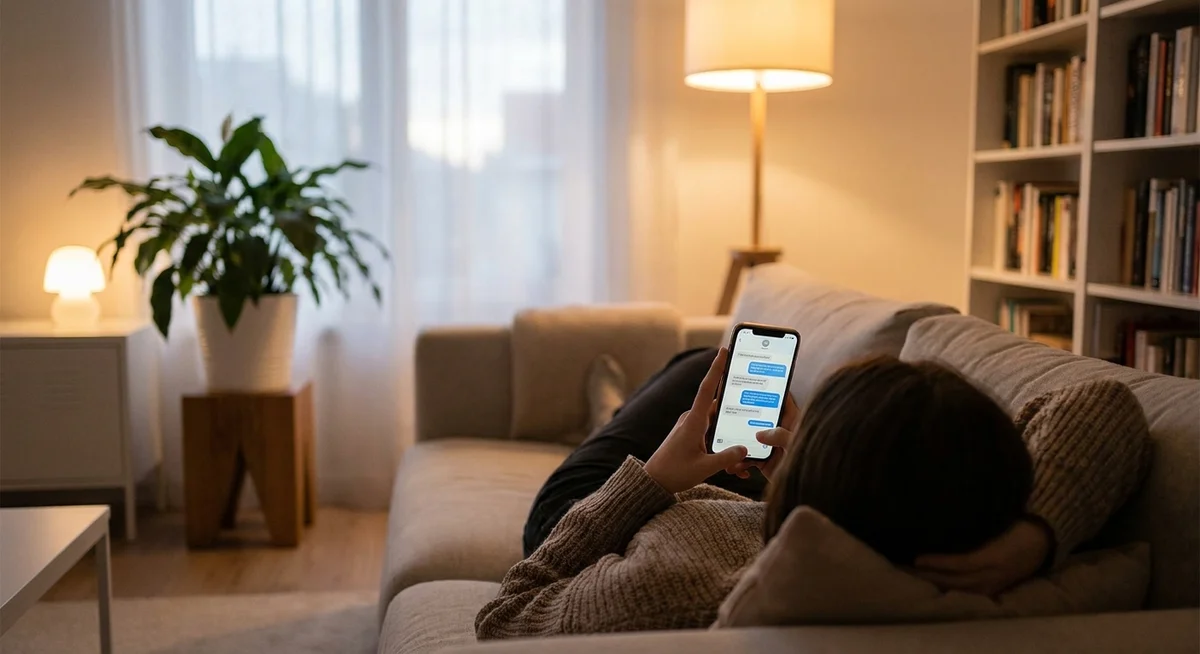 Person relaxing on a couch in the evening, checking a familiar chat thread on their phone