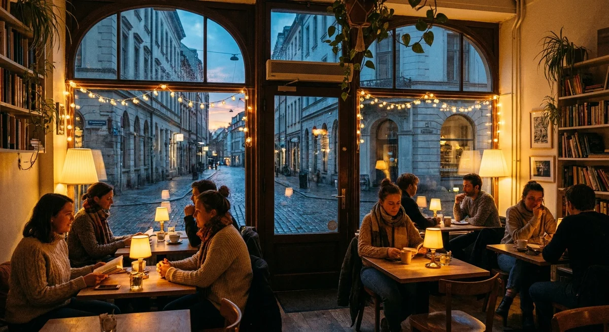 A warm cafe scene from a fictional city setting
