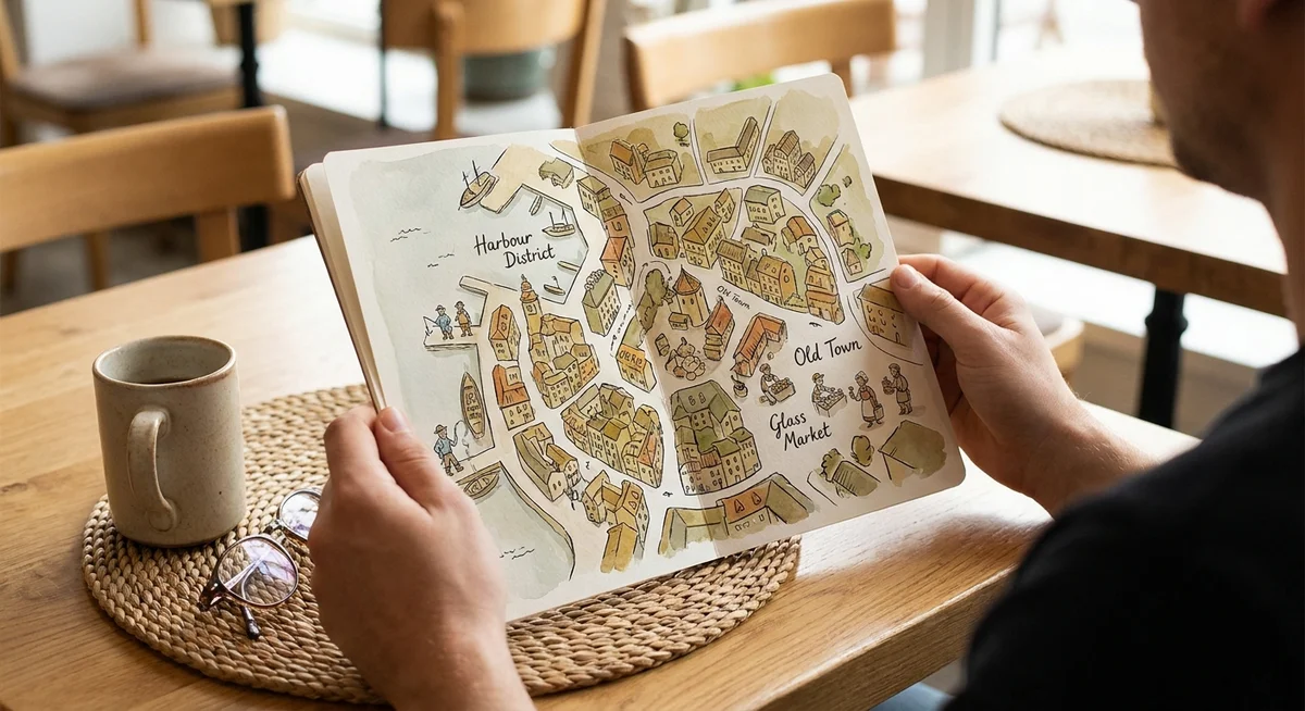 An illustrated map of the fictional city of Kintora showing different neighbourhoods where characters live