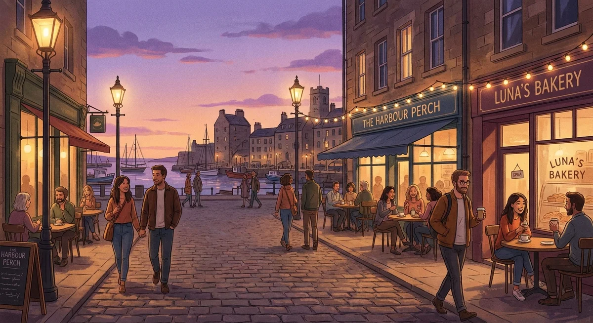 A fictional city street at dusk with warm lights and small cafes