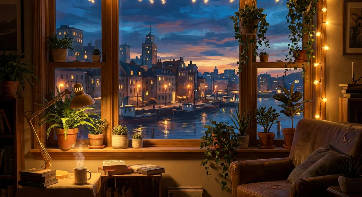 A view from a fictional city apartment window at dusk
