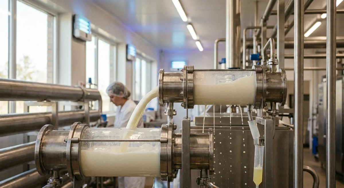 Milk being processed through filtration membranes to produce whey protein isolate
