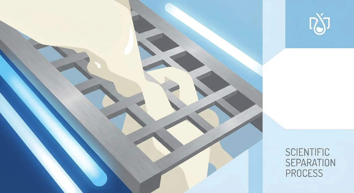Close-up of whey being filtered through stainless steel membranes during the isolate production process