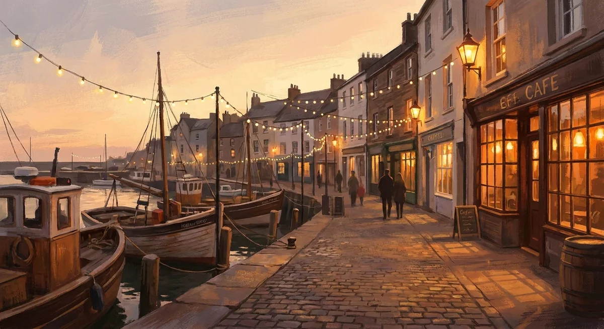 Illustration of the Harbour District in Kintora at evening