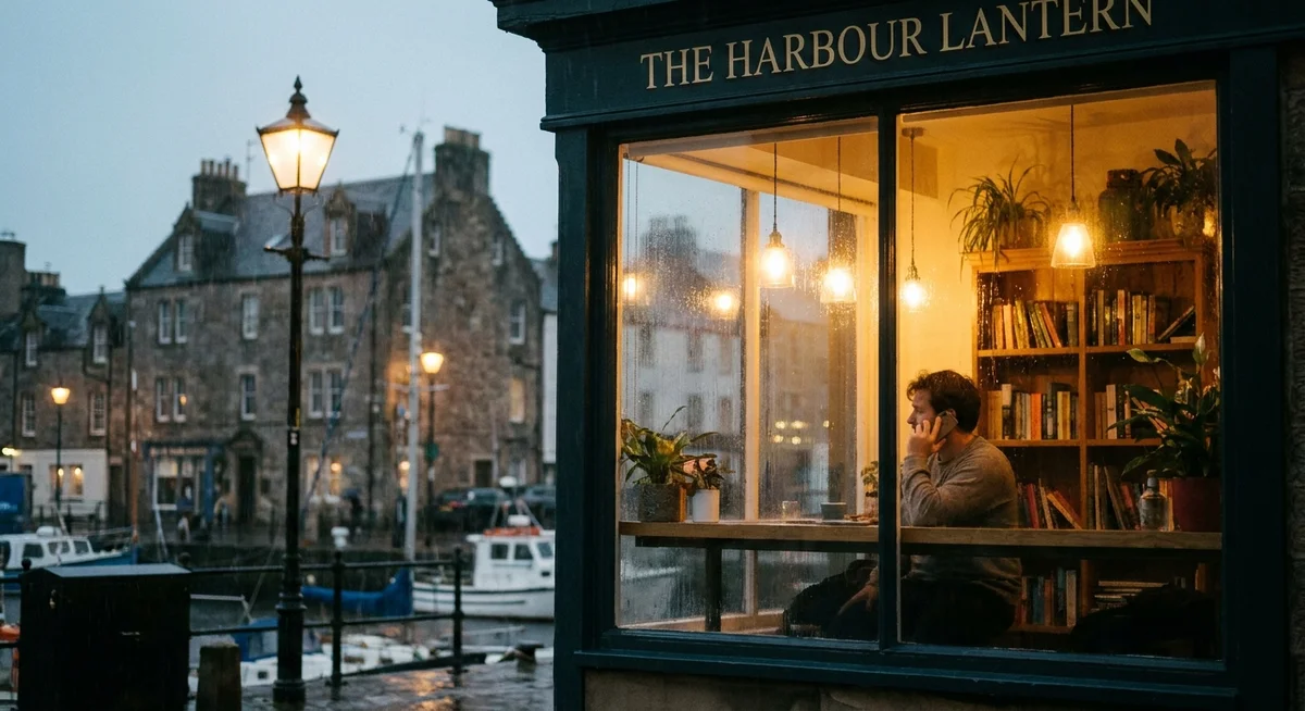 Someone taking a call in a warmly lit cafe