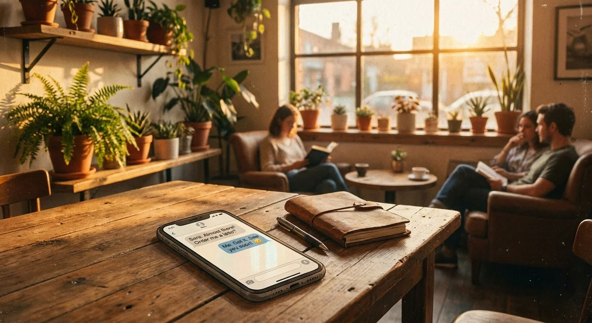 A phone with an ongoing chat conversation resting on a cafe table