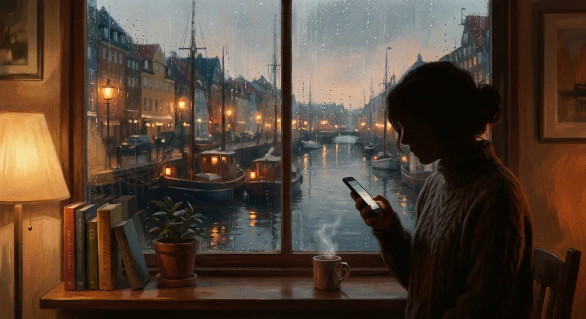 A warmly lit window in a fictional city at dusk