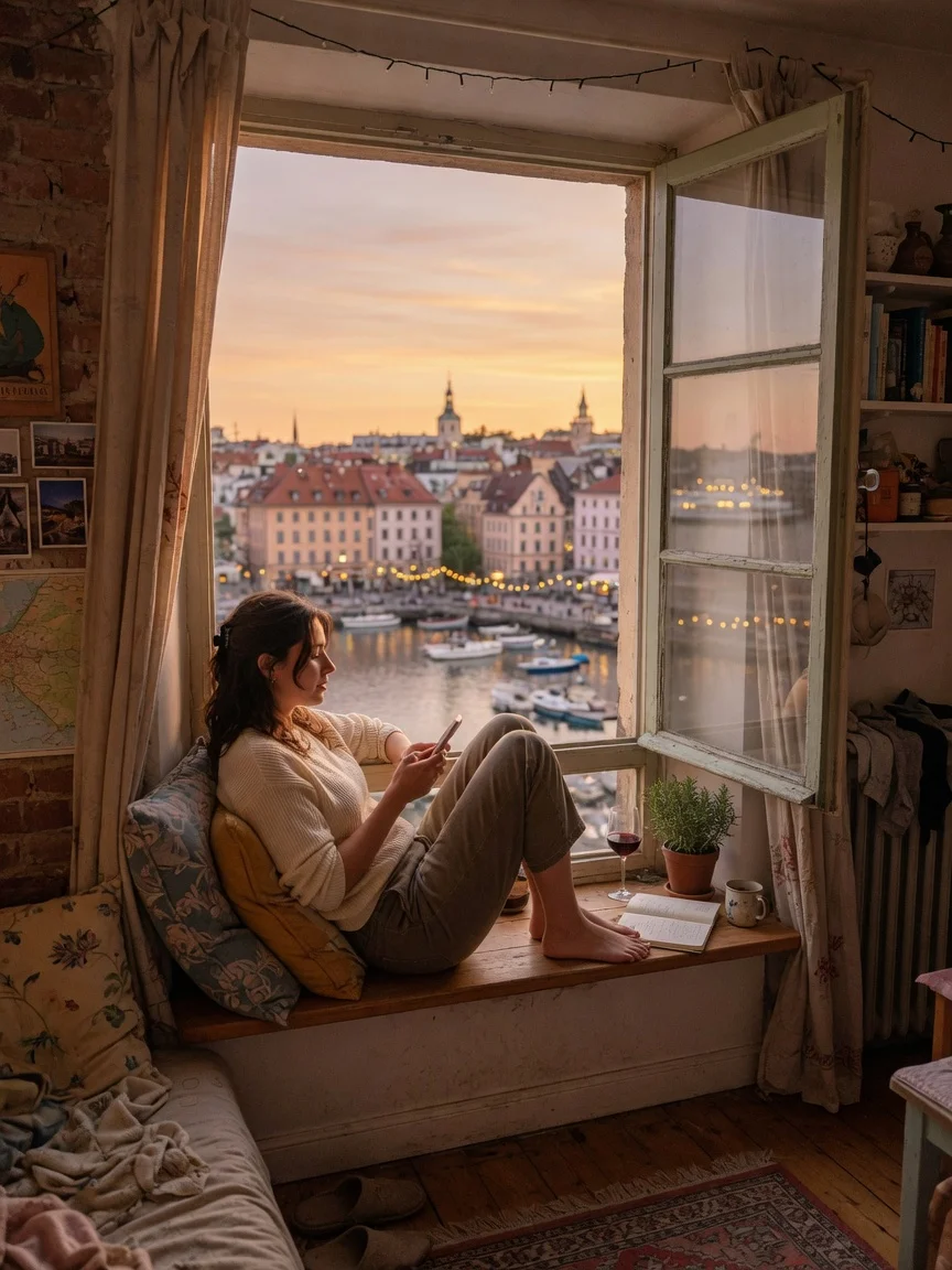 A Kintora character sitting by a window, phone in hand, in a warmly lit apartment