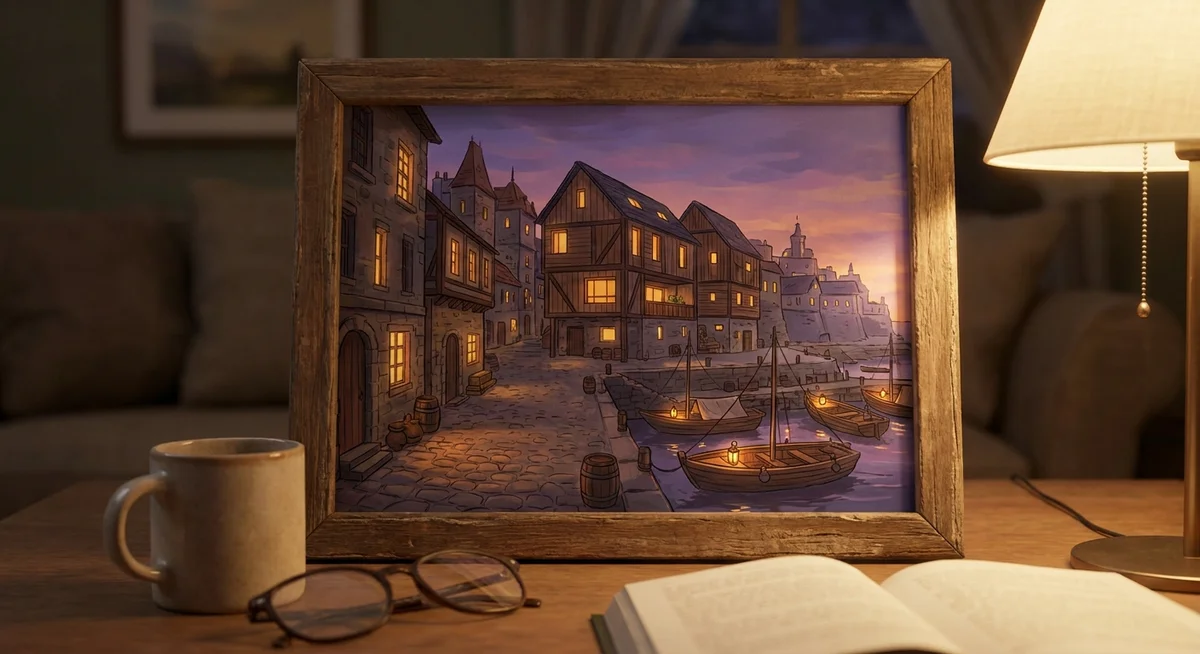 An illustrated view of the fictional city of Kintora at dusk with a harbour and glowing windows