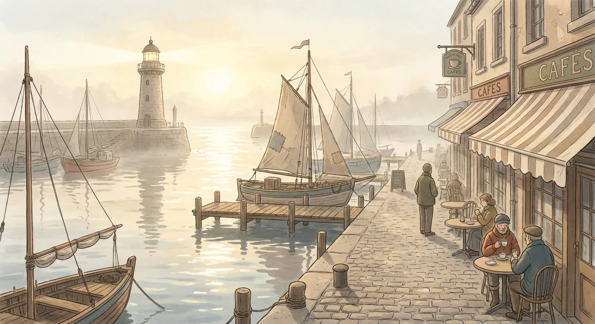 Illustration of the Harbour District in Kintora at morning