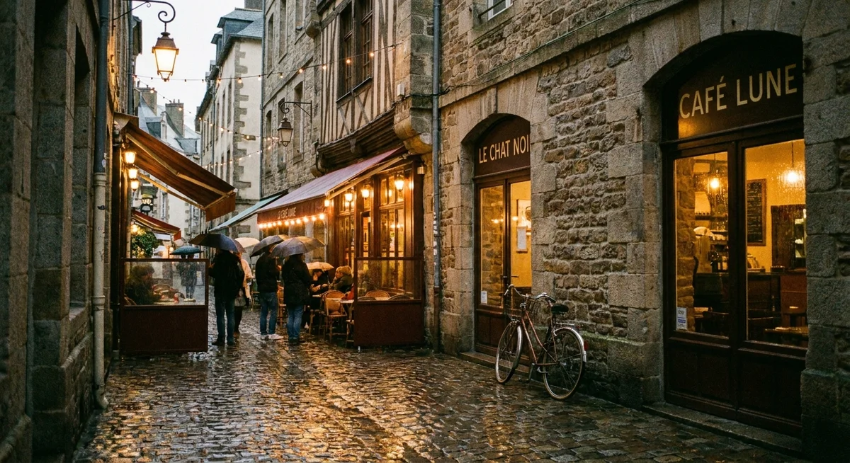 A dusk photo of a fictional city street with warm cafe lights