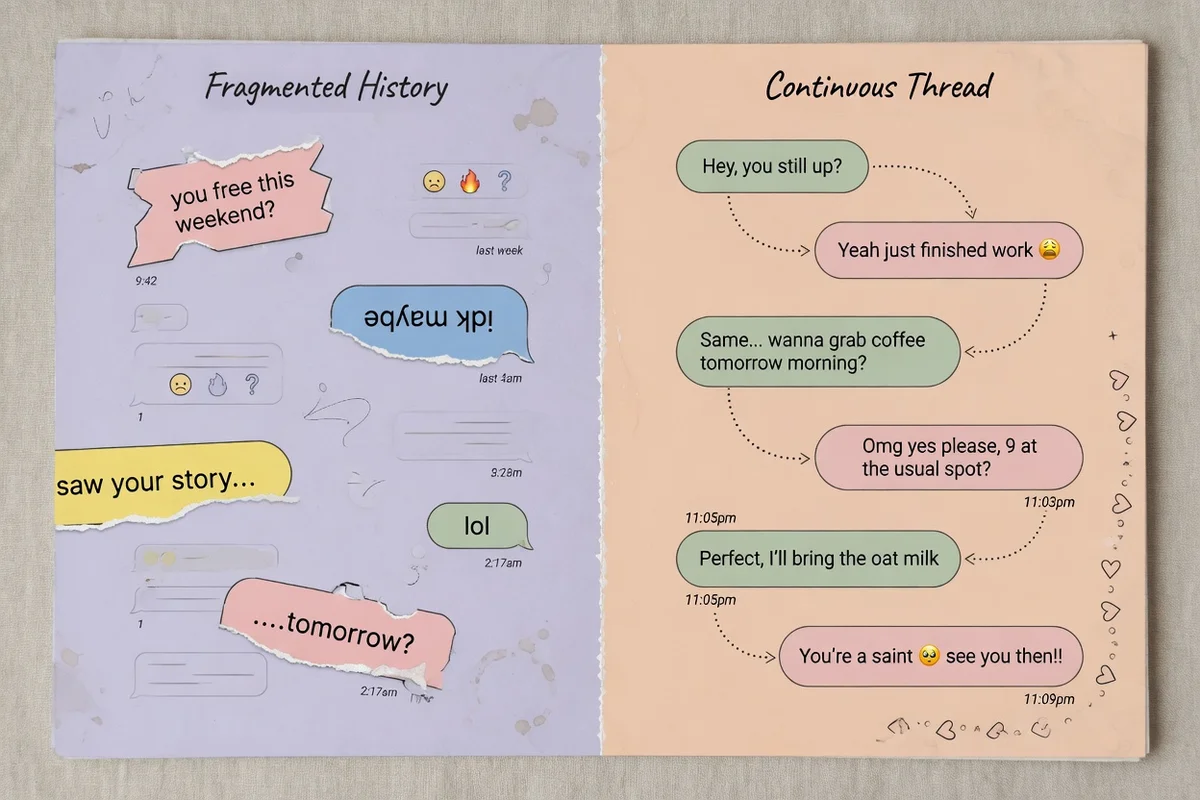 Illustration comparing fragmented chats with one continuous conversation thread