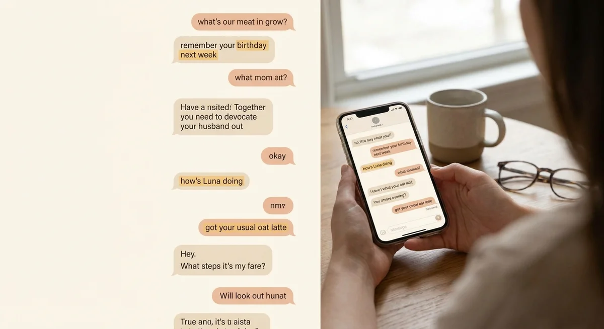 A visualization of a continuous chat thread with key details highlighted