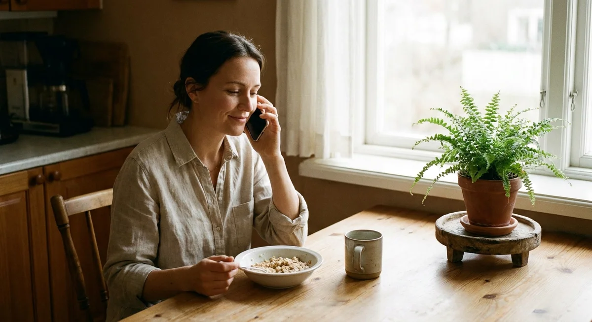 Person taking a morning reminder call at the kitchen table