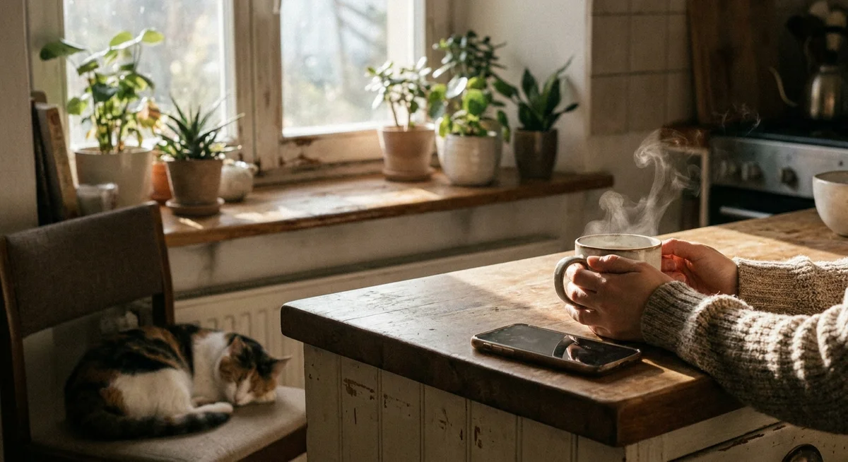 A calm morning kitchen scene with coffee and a phone on the counter