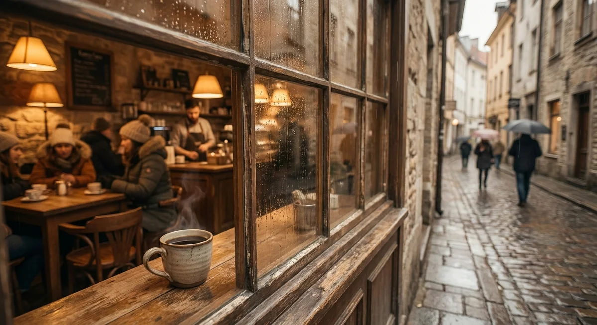 A cafe window in Old Town Kintora on a rainy afternoon