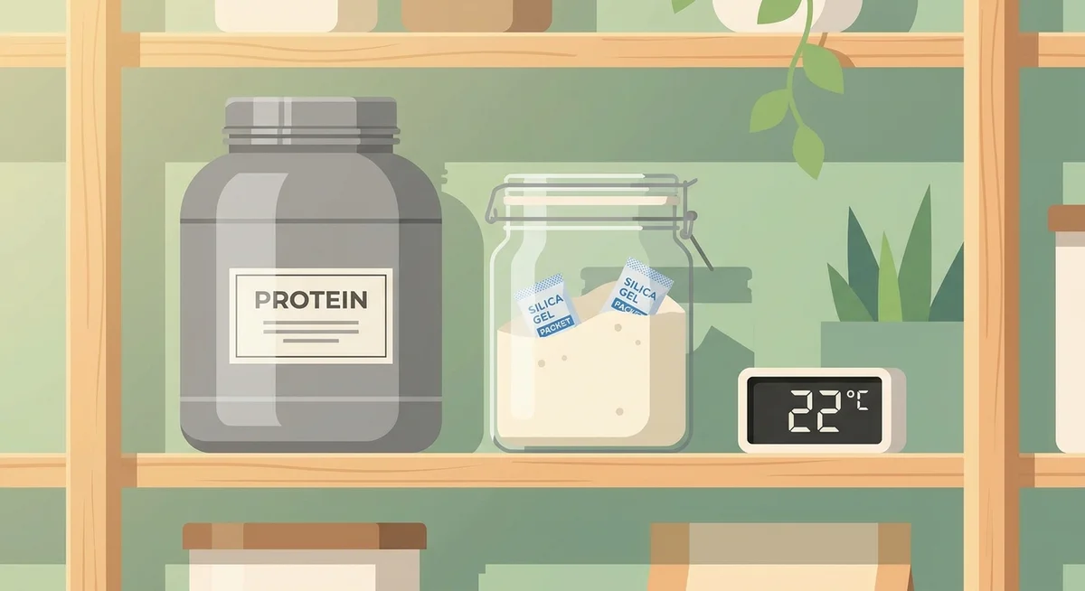 Protein powder stored correctly in a cool pantry with airtight container and thermometer