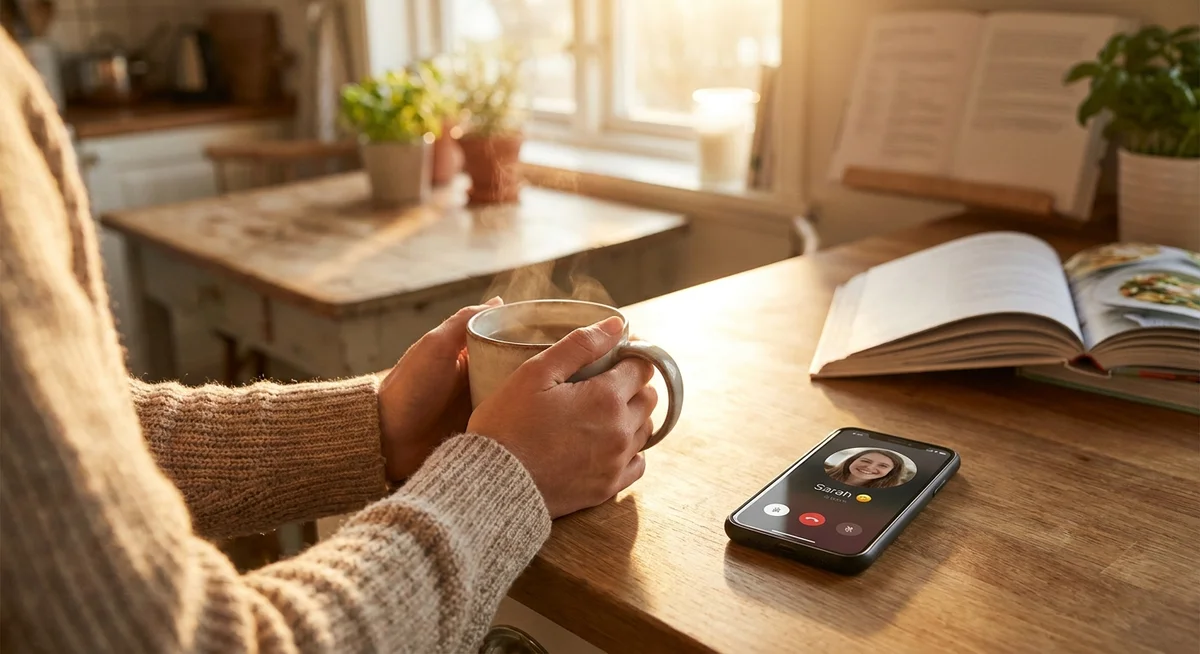 Morning coffee with a phone showing an ongoing voice call