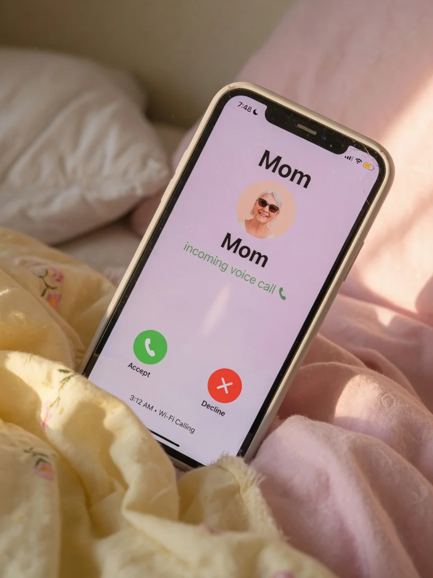 Smartphone showing an incoming wake-up call on a bedside table