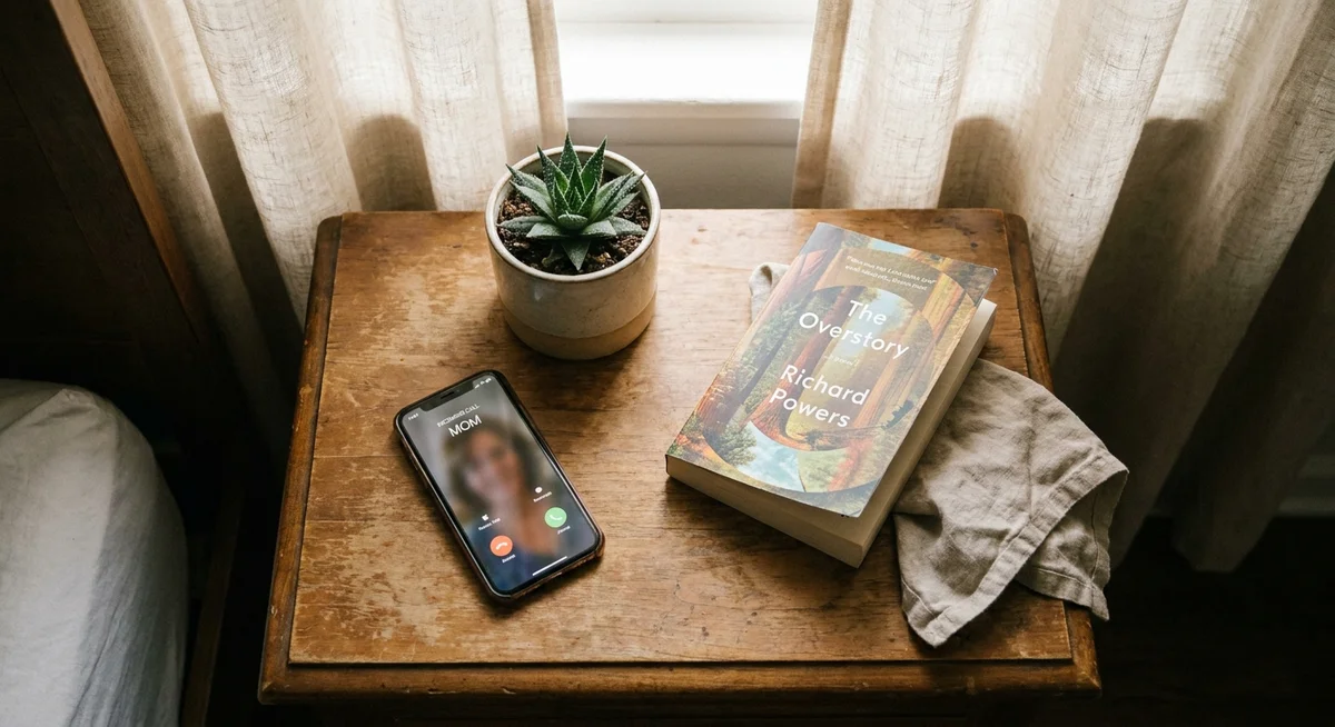 A phone on a nightstand receiving a morning call