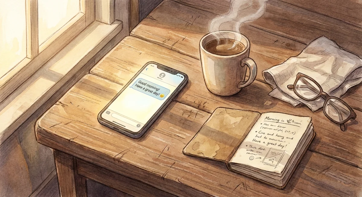 A phone with a casual chat app open next to morning coffee