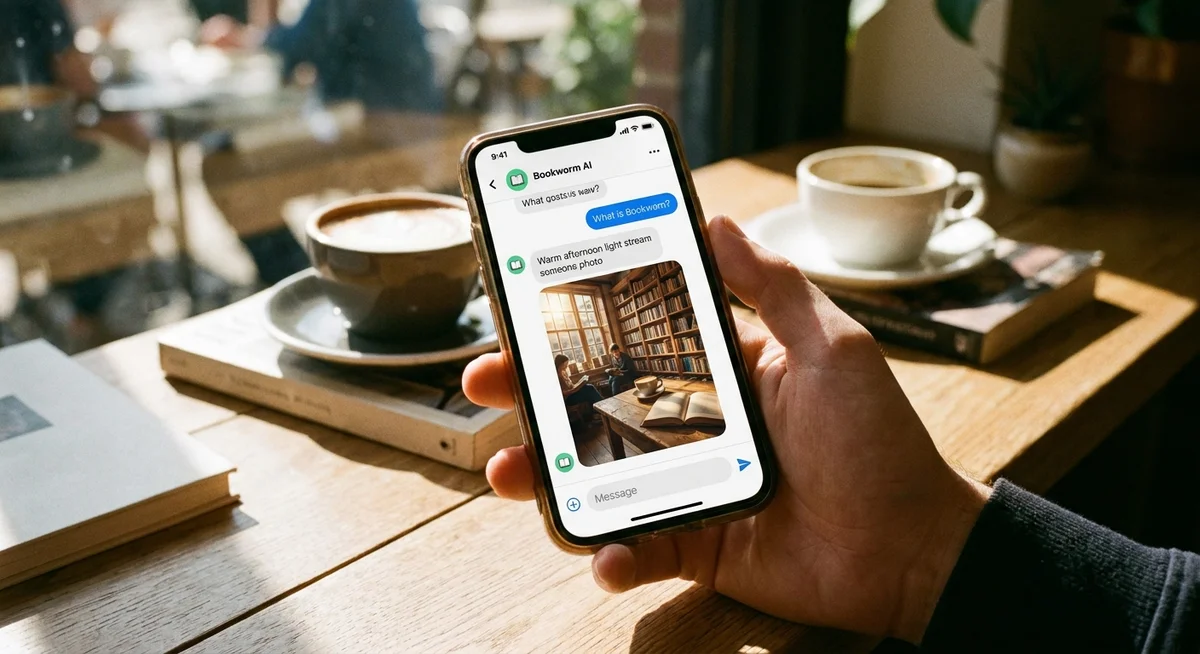 A phone showing a chat with a photo message of a bookstore