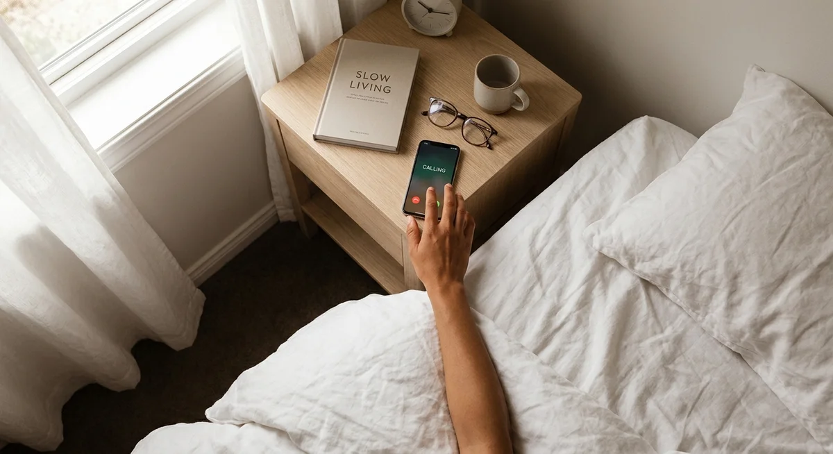 A phone ringing on a nightstand in soft morning light