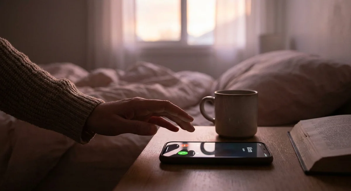 A phone ringing on a bedside table in soft morning light