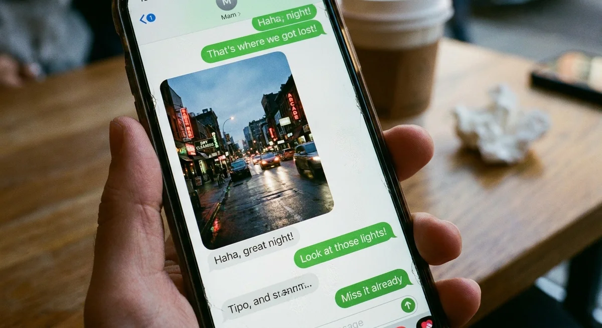 A chat thread on a phone showing a casual photo message of a city street