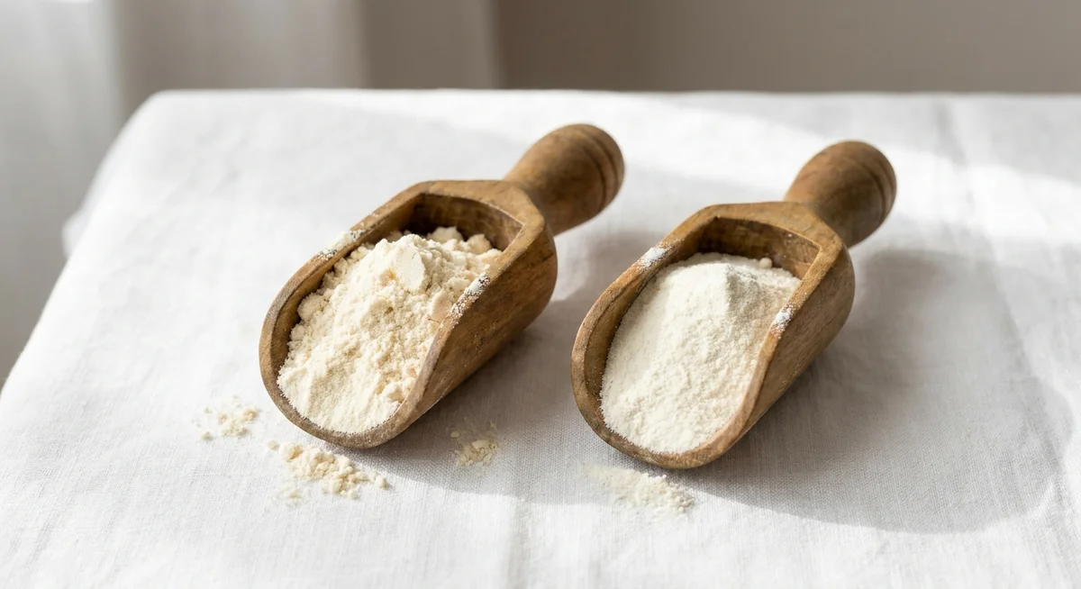 Two scoops comparing whey protein concentrate and whey isolate side by side