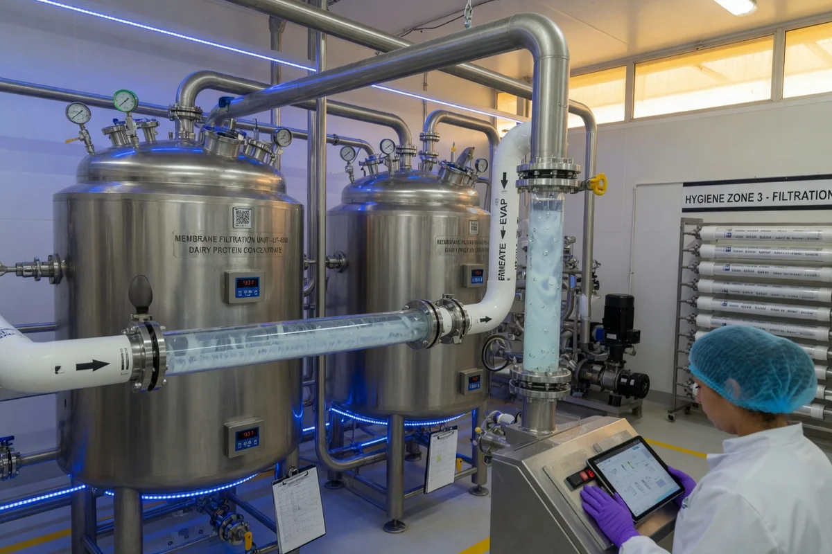 Stainless steel filtration tanks in a modern whey processing facility