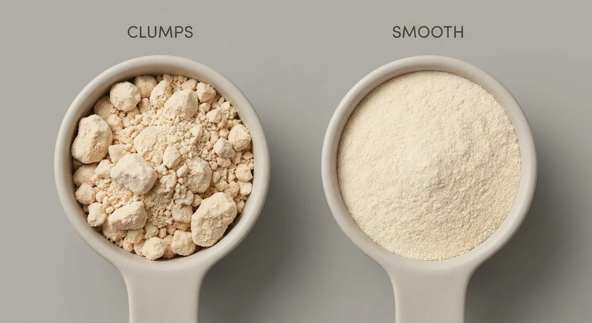 Comparison of clumped protein powder damaged by humidity next to fresh smooth powder